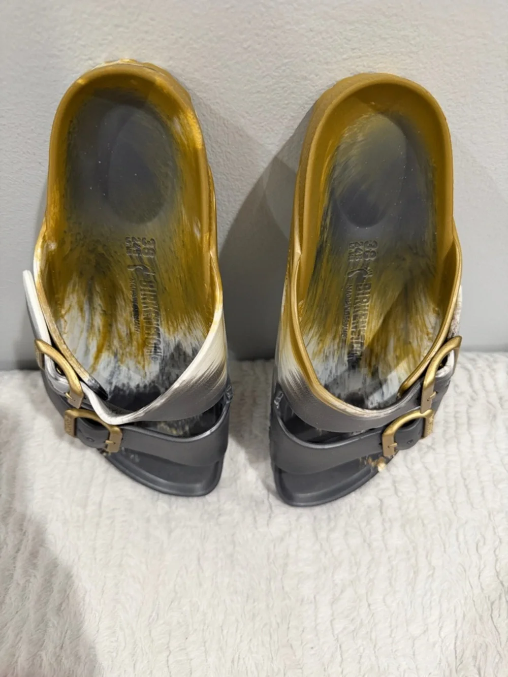 Birkenstock Grey and Gold Double Buckle Slides - Picture 2 of 6